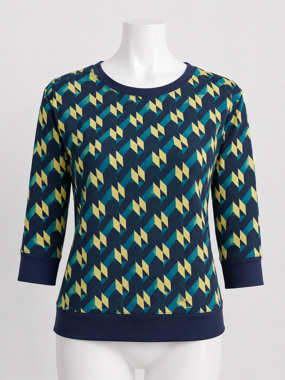 W by Worth Women's Small 100% Wool Sweater Navy Yellow Teal Geometric Chevron